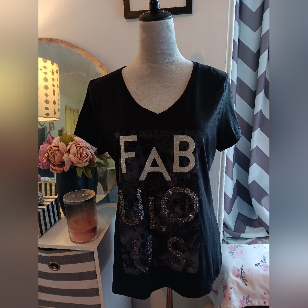 Black Gray Silver Glitter  Hanes Women's Short Sleeve V-Neck Graphic T-Shirt